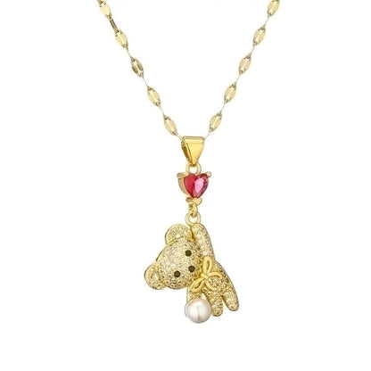 Cartoon Style Cute Little Bear Titanium Steel Copper Pearl Zircon Plating Inlay Pendant Necklace