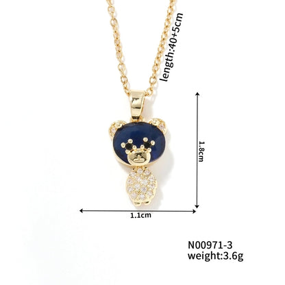 304 Stainless Steel Copper Rhodium Plated Inlay Bear Heart Shape Glass Zircon Pendant Necklace