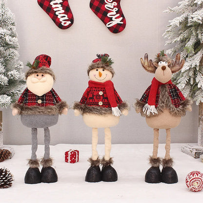 2 Pieces Christmas Stretchable Doll Red Plaid Fabric Doll Gift Elderly Snowman Mall Decoration Ornament Decoration Supplies
