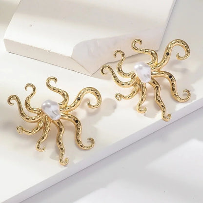 1 Pair Retro Beach Minimalist Starfish Shell Inlay Alloy Rhinestones Pearl Gold Plated Ear Studs