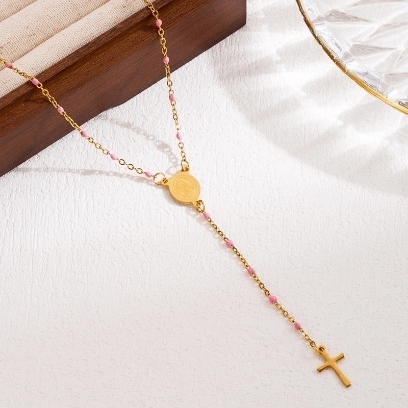 3 Pieces Elegant Classical Cross Virgin Mary Priest Stainless Steel Beaded Plating 18k Gold Plated Necklace