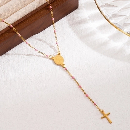 3 Pieces Elegant Classical Cross Virgin Mary Priest Stainless Steel Beaded Plating 18k Gold Plated Necklace