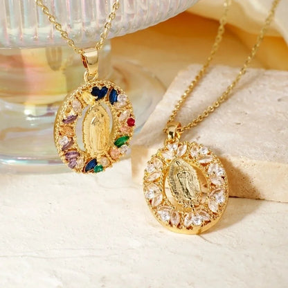 Vintage Style Classic Style Geometric Round Virgin Mary 304 Stainless Steel Copper Zircon K Gold Plated Inlay Pendant Necklace