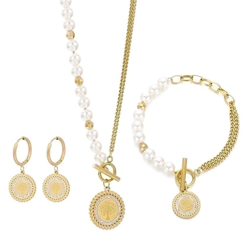 Elegant Lady Tree Titanium Steel 18K Gold Plated Plating Earrings Necklace