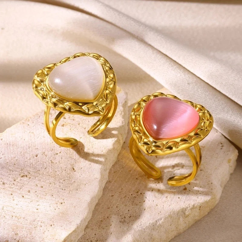 Elegant French Style Sweet Heart Shape 304 Stainless Steel Synthetic Gemstones Open Rings