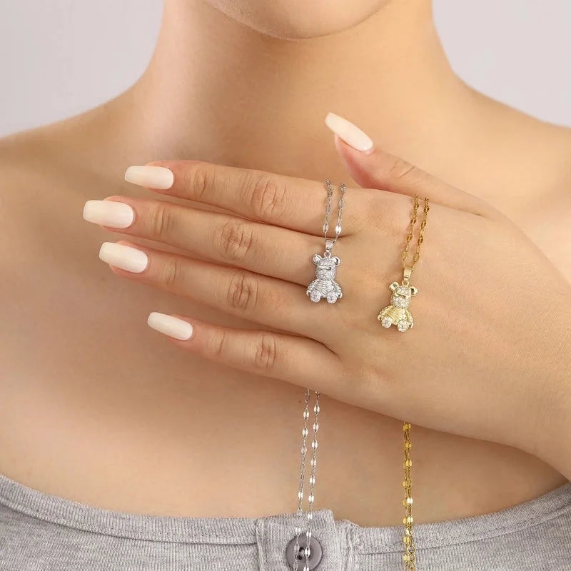 304 Stainless Steel Copper K Gold Plated Cute Sweet Korean Style Three-dimensional Inlay Little Bear Zircon Pendant Necklace