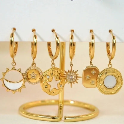 1 Piece Elegant Lady Modern Style Printing Star Pineapple Plating Inlay 304 Stainless Steel Rhinestones White Shell 14K Gold Plated Drop Earrings