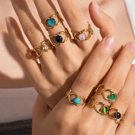 IG Style Sweet Heart Shape Titanium Steel Natural Stone Gem Hollow Out Inlay Open Rings