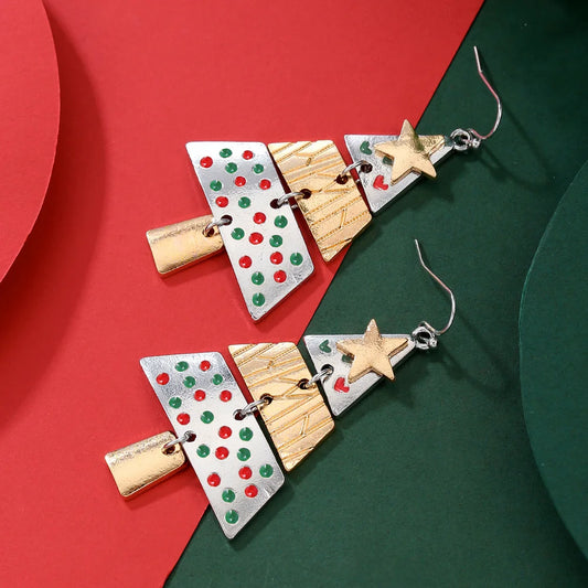 2 Packs Hot-selling Christmas Earrings Alloy Splicing Colorful Christmas Tree Earrings Pine Tree Earrings Exaggerated Ear Jewelry