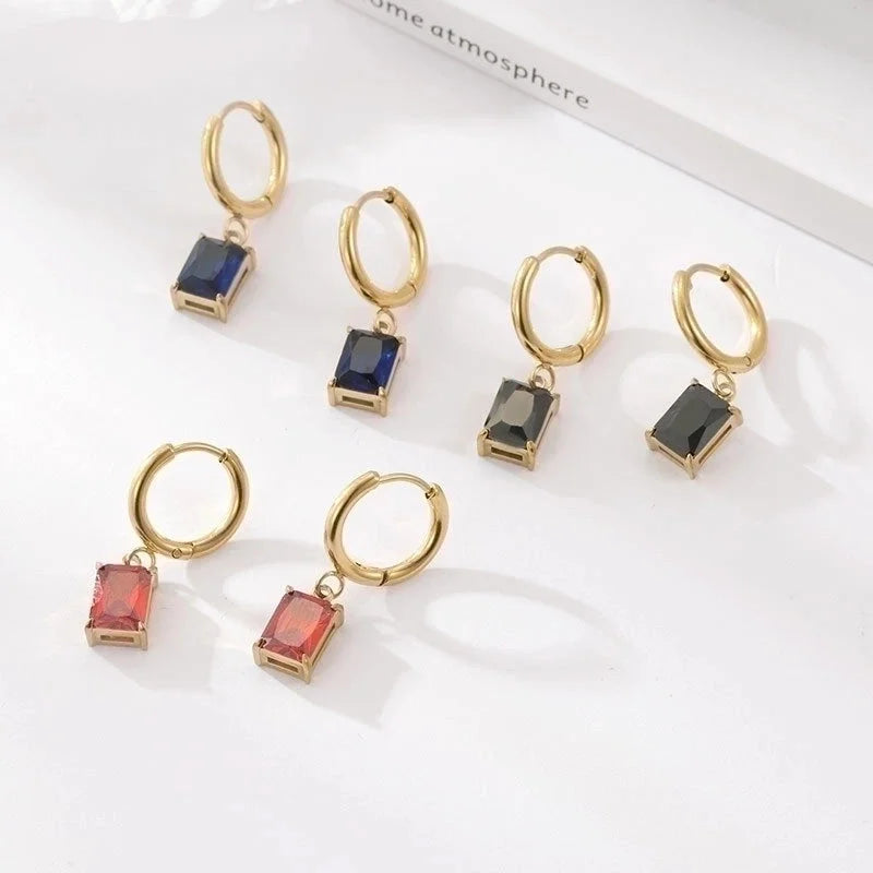 1 Pair Retro Round Square Inlay 304 Stainless Steel Zircon Gold Plated Drop Earrings