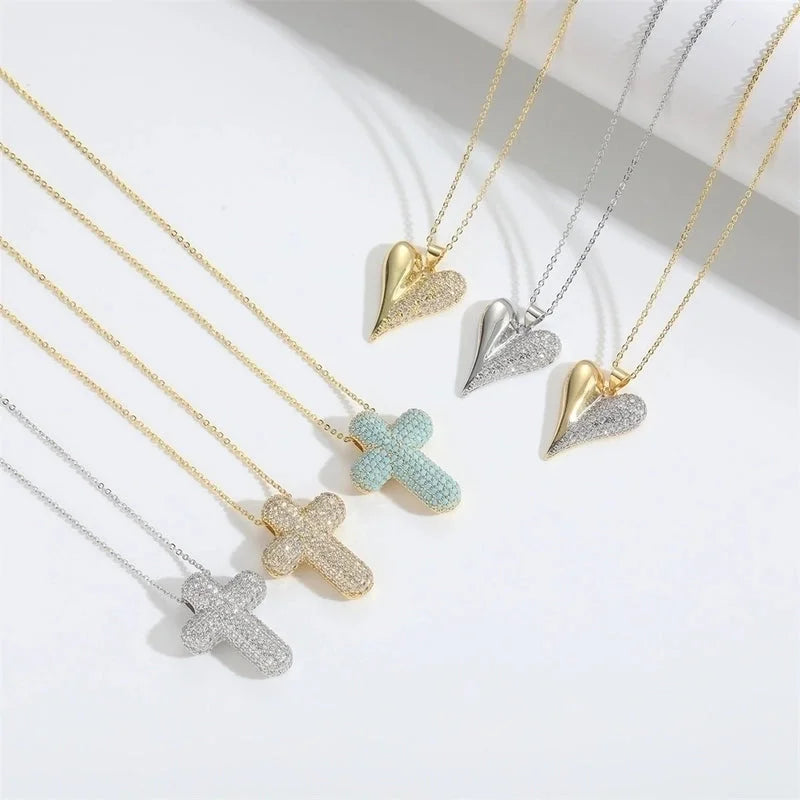 Copper Cable Chain 14K Gold Plated Cross Heart Shape Zircon Necklace