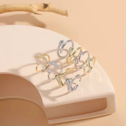 Elegant Snake Lightning Fish Tail Copper Plating Inlay Zircon 14k Gold Plated Open Ring