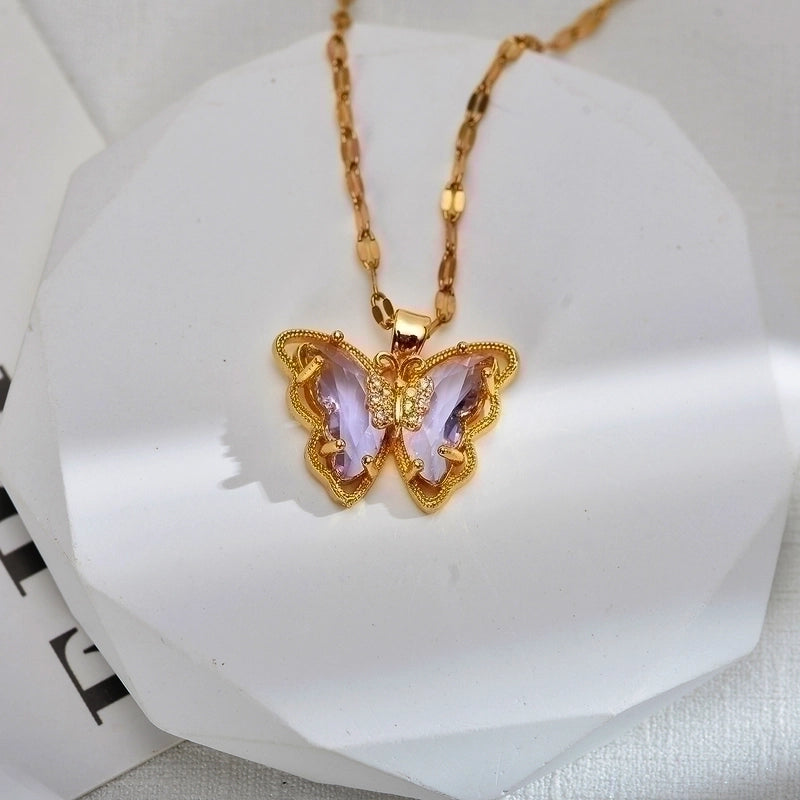 Sweet Butterfly Titanium Steel Copper Zircon Gold Plated Inlay Pendant Necklace