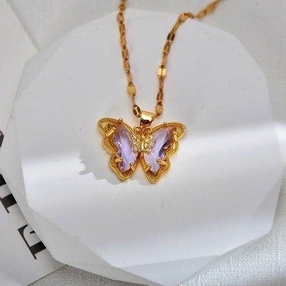 Sweet Butterfly Titanium Steel Copper Zircon Gold Plated Inlay Pendant Necklace