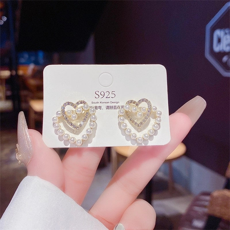 Fashion Star Heart Shape Copper Plating Artificial Pearls Zircon Drop Earrings 1 Pair