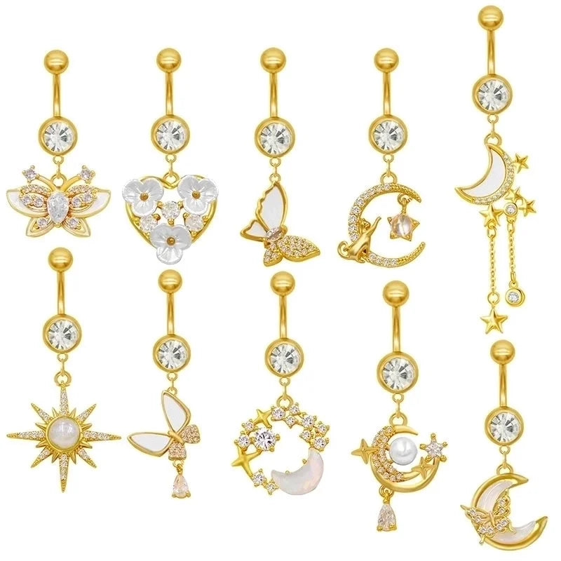 1 Piece Belly Rings Sexy Classic Style Star Heart Shape Butterfly 316L Stainless Steel Alloy Inlay Resin Rhinestones Glass Gold Plated
