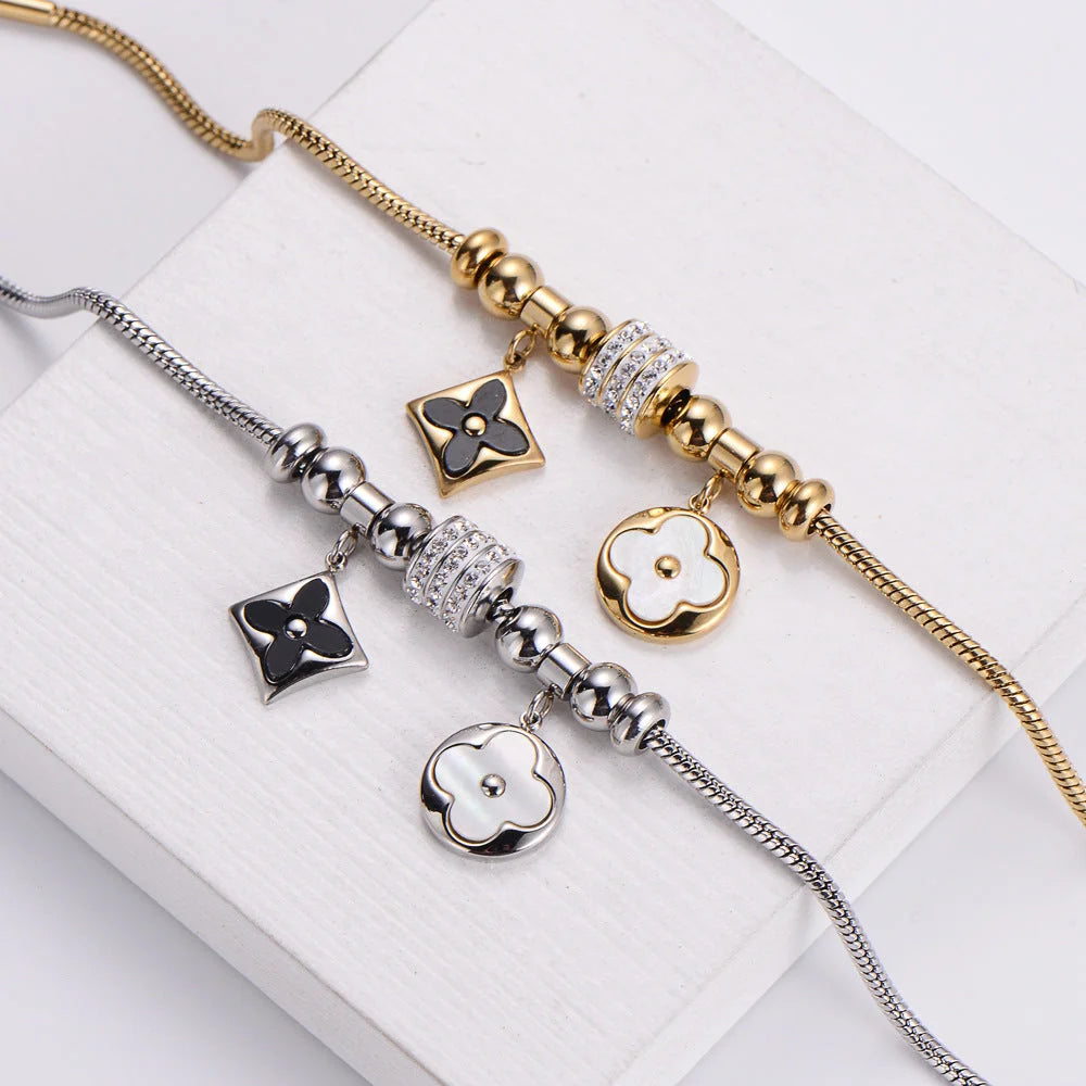 2 Pieces Expressive Women Four-leaf Clover Flower Stainless Steel Bracelets