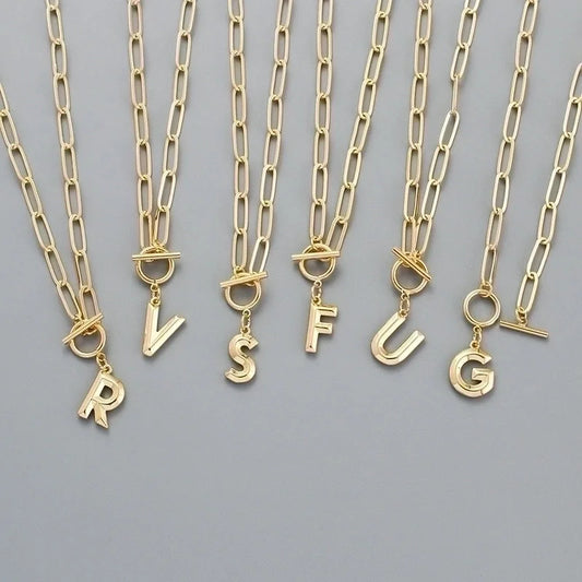 Copper Paperclip Chain Toggle Letter Pendant Necklace