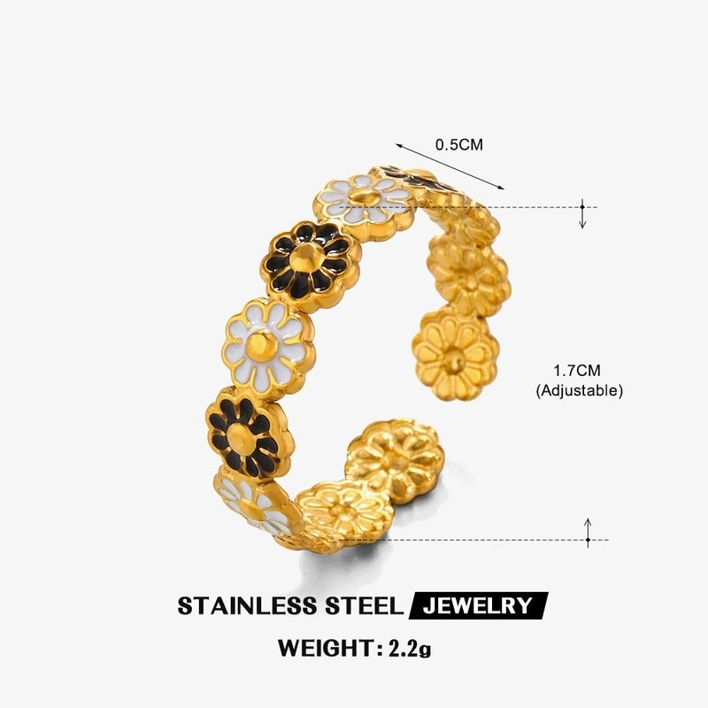 304 Stainless Steel 18K Gold Plated Minimalist Enamel Flower Open Rings