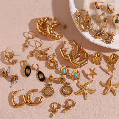 Fashion Hexagon Circle Geometric Stainless Steel 18K Gold Plated Earrings