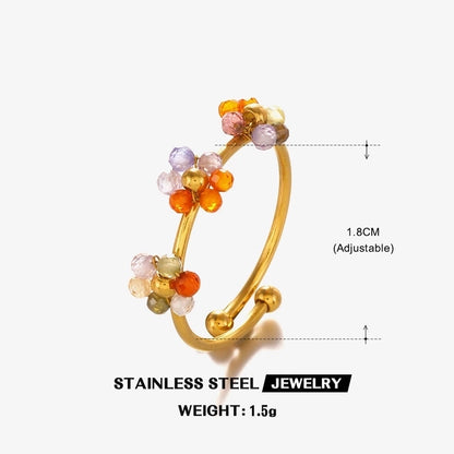 IG Style Sweet Flower 304 Stainless Steel 18K Gold Plated Beaded Knitting Open Rings