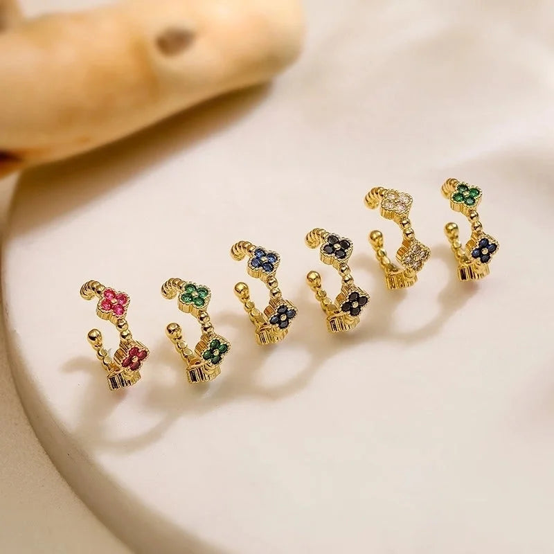 Temperament Entry Lux Copper Inlaid Color Diamond Clover Opening Ear Clip Niche High Sense Flower Petals Ear Rings Direct Sales