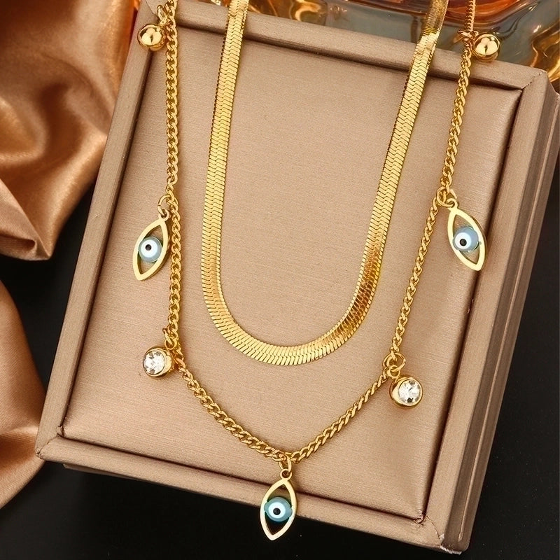 Vintage Style Commute Devil\'s Eye Star Moon 304 Stainless Steel Turquoise Rhinestones Shell 18K Gold Plated Plating Inlay Layered Necklaces