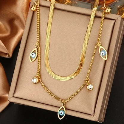 Vintage Style Commute Devil\'s Eye Star Moon 304 Stainless Steel Turquoise Rhinestones Shell 18K Gold Plated Plating Inlay Layered Necklaces