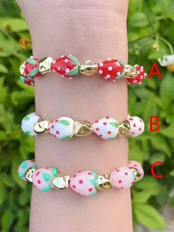 Casual Vacation Fruit Strawberry Copper 18K Gold Plated Polishing Enamel Plating Bracelets