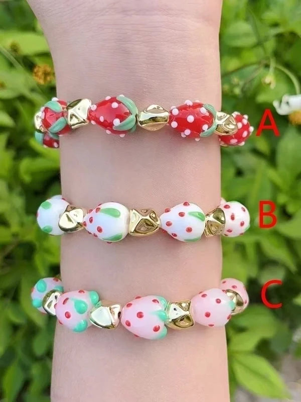 Casual Vacation Fruit Strawberry Copper 18K Gold Plated Polishing Enamel Plating Bracelets