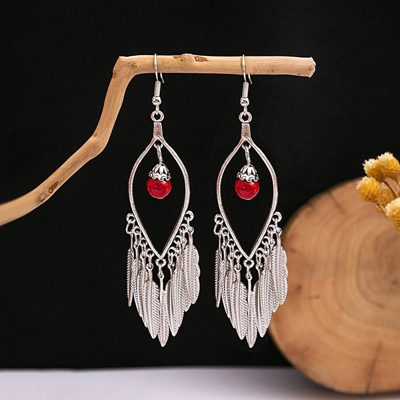 Bohemian Blue Turquoise National Style Earrings Imitation Miao Silver Metal Earrings Vintage Tassel Earrings