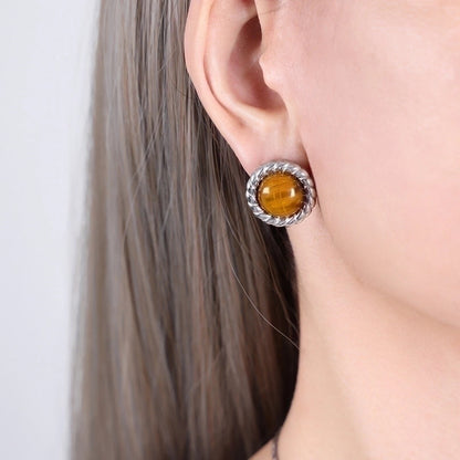 Retro French Style Solid Color Titanium Steel Natural Stone Turquoise 18K Gold Plated Plating Inlay Earrings Necklace Jewelry Set