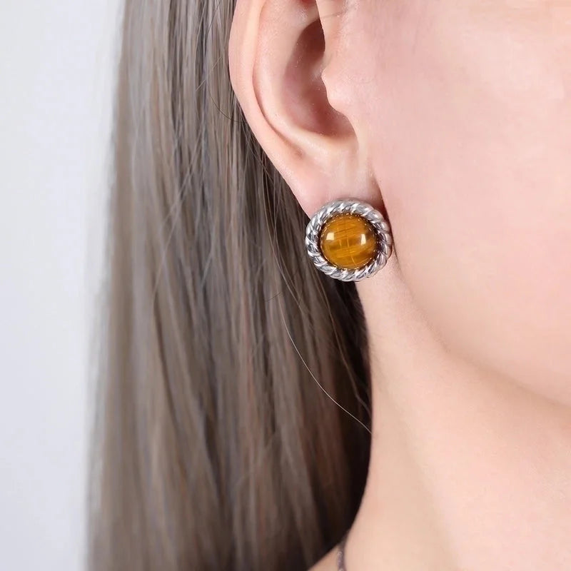 Retro French Style Solid Color Titanium Steel Natural Stone Turquoise 18K Gold Plated Plating Inlay Earrings Necklace Jewelry Set