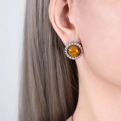 Retro French Style Solid Color Titanium Steel Natural Stone Turquoise 18K Gold Plated Plating Inlay Earrings Necklace Jewelry Set