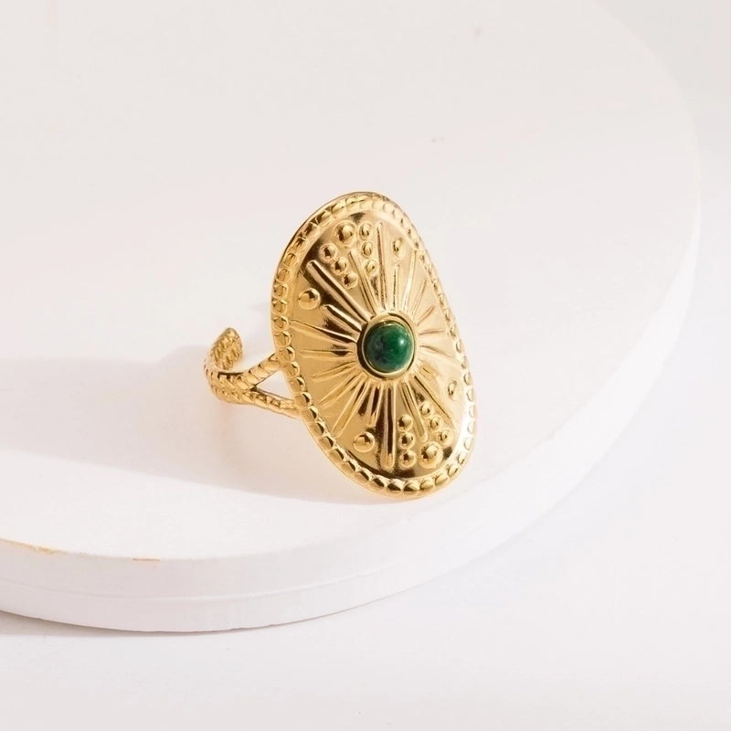 2 Pieces Vintage Style Minimalist Oval 304 Stainless Steel Natural Stone 14K Gold Plated Inlay Open Rings