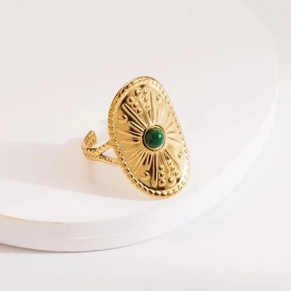 2 Pieces Vintage Style Minimalist Oval 304 Stainless Steel Natural Stone 14K Gold Plated Inlay Open Rings