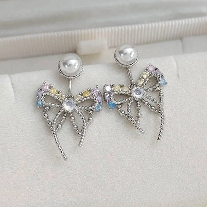 1 Pair Elegant Lady Streetwear Water Droplets Heart Shape Flower Hollow Out Inlay Steel Imitation Pearl Zircon Drop Earrings