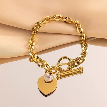 Minimalist Heart Shape 304 Stainless Steel 18K Gold Plated Artificial Rhinestones Bracelets In Bulk