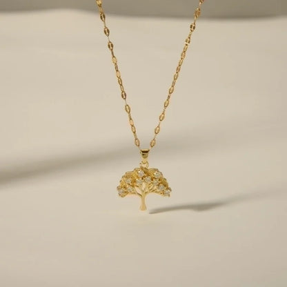 Minimalist Tree Copper Plating Inlay Zircon 18k Gold Plated Pendant Necklace