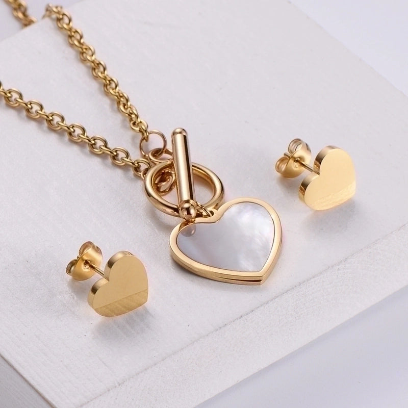 3 Pieces 304 Stainless Steel 18K Gold Plated Fashion Plating Heart Shell Earrings Necklace