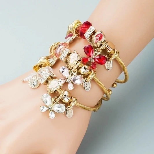 Fashion 304 Stainless Steel Alloy Gold Plated Rhinestones Glass Bracelets In Bulk