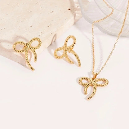 Cute Bow Knot 304 Stainless Steel 18K Gold Plated Earrings Necklace