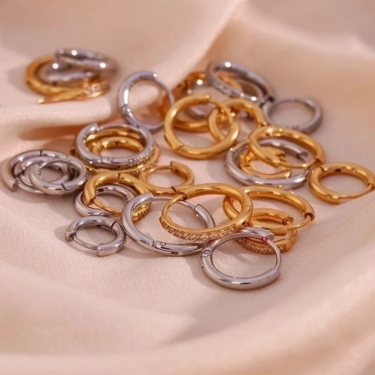 1 Pair Minimalist Round Solid Color Plating Inlay 304 Stainless Steel Zircon 18K Gold Plated Hoop Earrings