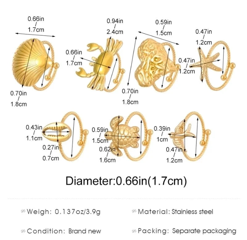 Hawaiian Beach Tropical Tortoise Starfish Shell 304 Stainless Steel Open Rings