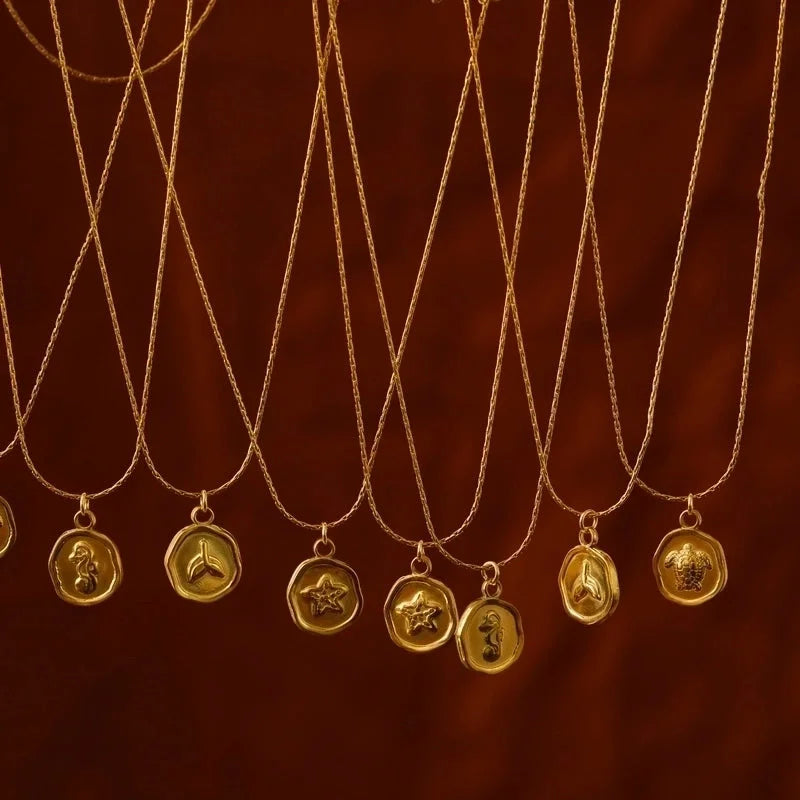 Vacation Marine Style Beach Tortoise Starfish Hippocampus 304 Stainless Steel 18K Gold Plated Pendant Necklace