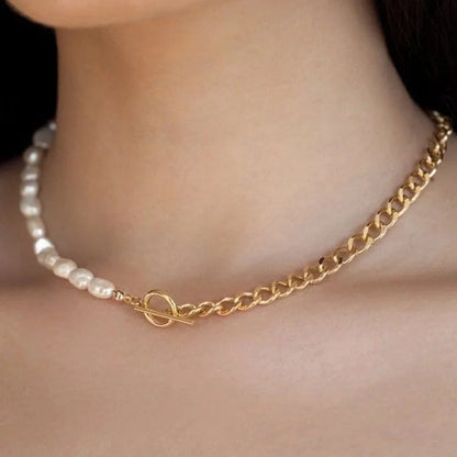 201 Stainless Steel Freshwater Pearl 18K Gold Plated Luxurious Romantic Beaded Plating Color Block Necklace