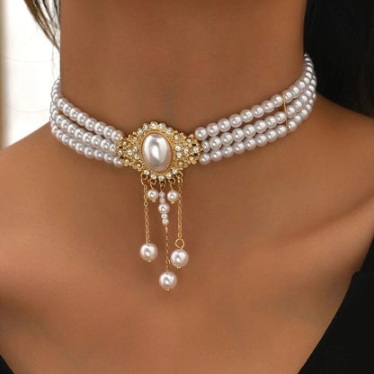 Elegant Lady Oval Imitation Pearl Inlay Rhinestones Gold Plated Women's Choker