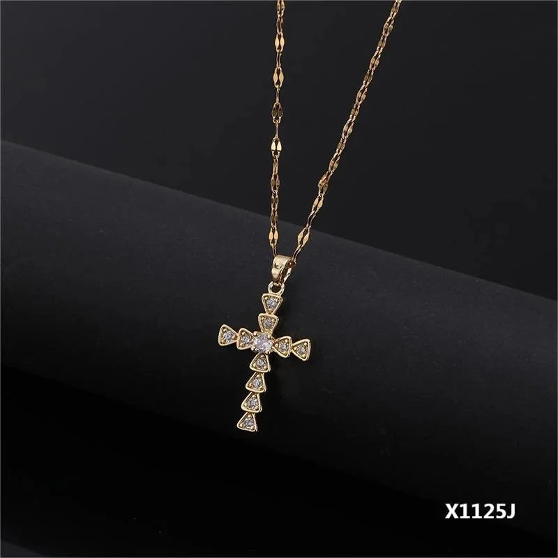 Copper Inlay Cross Zircon Pendant Necklace