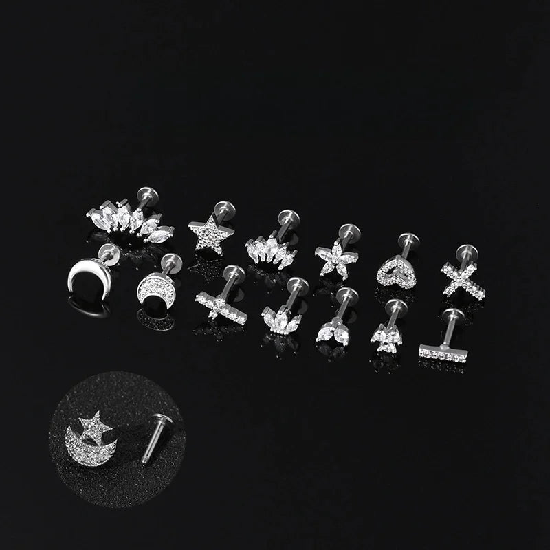 Classic Style Streetwear Geometric Moon Heart Shape Stainless Steel Copper Zircon Lip Stud Nose Studs In Bulk