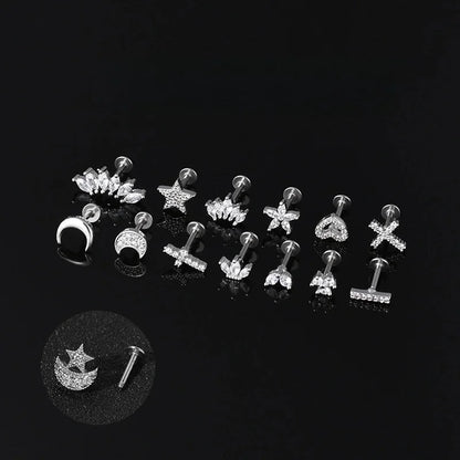 Classic Style Streetwear Geometric Moon Heart Shape Stainless Steel Copper Zircon Lip Stud Nose Studs In Bulk